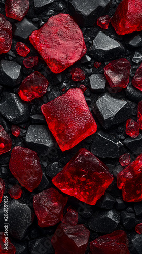 Vibrant macro close-up view of translucent, rough-cut, rich red gemstones scattered amongst bed of dark, matte, angular black stones, creating striking contrast of color and texture.