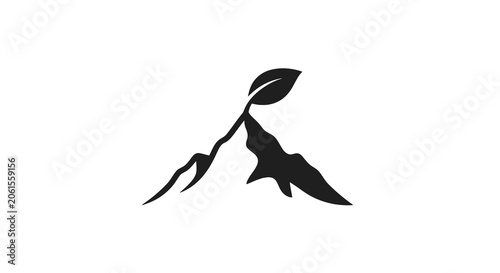 Minimalist black silhouette of a mountain with a single leaf growing on top, symbolizing growth and nature