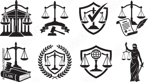 Law and Justice Icon Set with Lady Justice, Scales, Law Book, and Courthouse
