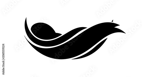 Elegant black silhouette of a stylized bird in flight with flowing tail feathers, minimalist vector design