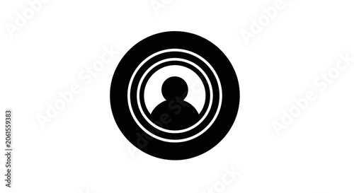 Minimalist black and white circular target icon with silhouette of a person in the center, vector design