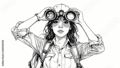 фотографія Woman Looking Through Binoculars Curiously.