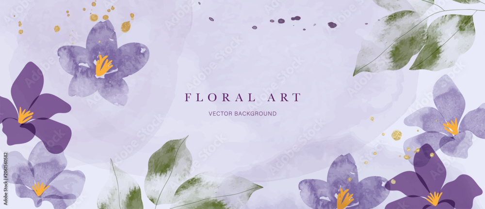Fototapeta premium Purple floral background vector. Soft watercolor flowers and green leaves on light lavender with gold splatter accents for wedding invitation, beauty banner and elegant cover.