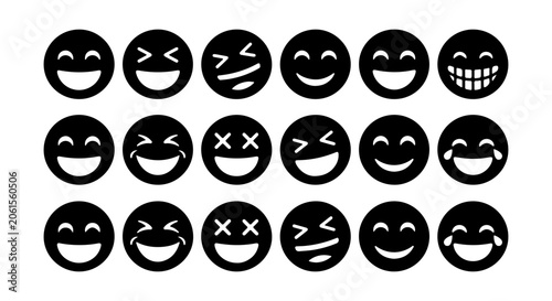 Billede på lærred Black Emoji Icons Set, Laughing Faces Collection, Joyful Expressions Vector Grap