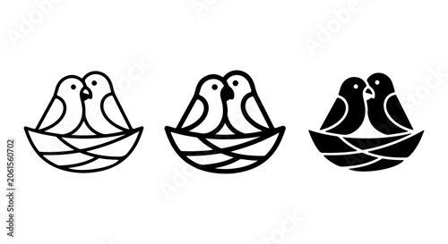 Tableau sur toile Minimalist Bird Nest Icons, Lovebirds Couple Vector Set, Simple Romance Symbols