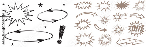 Hand drawn comic book graphic elements set with speech bubbles arrows and stars in sketchy ink doodle style for pop art design