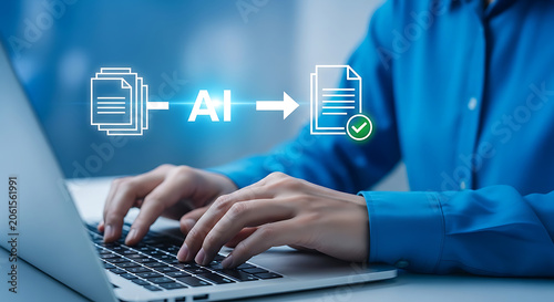 Person Using AI Technology for Intelligent Document Analysis and Content Creation on Laptop Computer