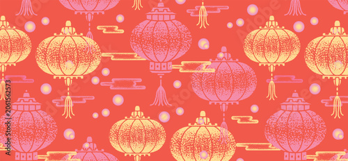 Seamless Chinese New Year Pattern with red gold Lanterns, cloud ornaments, glowing festive dots, lunar holiday wrapping paper, Chinese culture background, textured flat Vector illustration