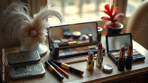 Vintage makeup table with feather headpieces, sequins, and lipsticks arranged artistically.