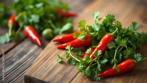 Fresh green coriander beside red chili peppers on a rustic wooden surface.