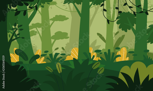Flat design tropical jungle background with exotic forest trees and plants vector illustration