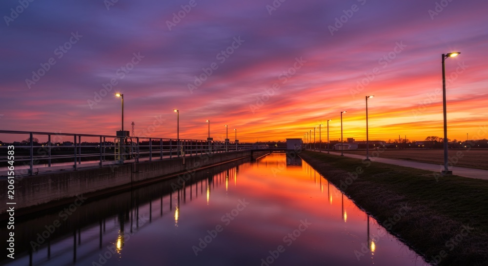 Obraz premium Sunset over canal with bridge.
