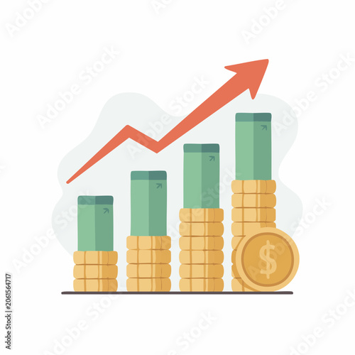 Increasing financial growth chart with coins and dollar sign