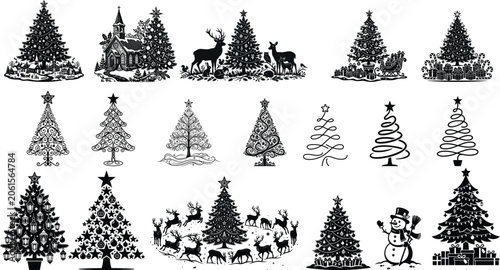 Christmas tree collection with festive holiday decorations.