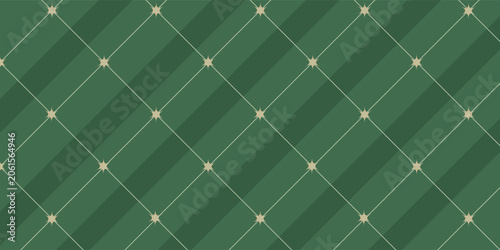 Christmas rhombus seamless pattern. Xmas plaid texture with gold line and stars. Green argyle geometric diamond abstract pattern. Christmas wrapping. Vector illustration isolated on green background.