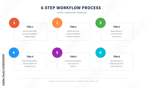 6-step workflow process infographic template with numbered circles and cards