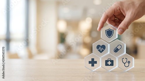 A hand places a hexagonal tile with a shield icon on a stack of health and medical service icons, symbolizing comprehensive healthcare and insurance.