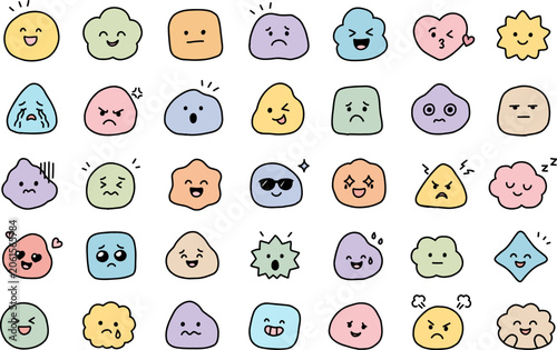 hand drawn emotion faces collection with happy, sad, angry, surprised and loving expressions. Colorful kawaii doodle set for stickers, apps, social media and education.