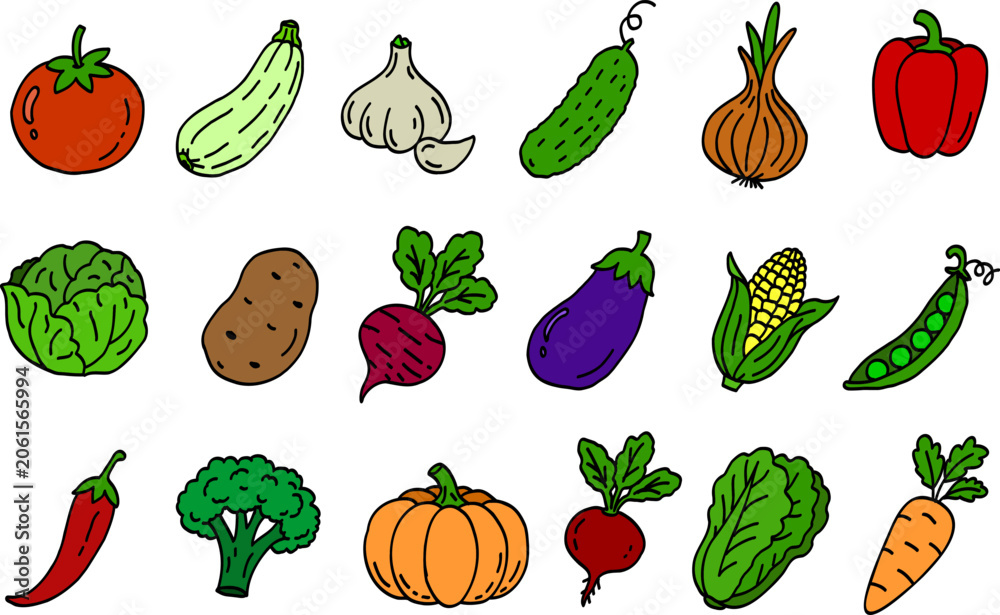 Fototapeta premium Hand-drawn colorful vegetable icons in doodle style