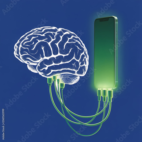 Surreal conceptual illustration of a human brain directly connected to a smartphone with cables and plugs