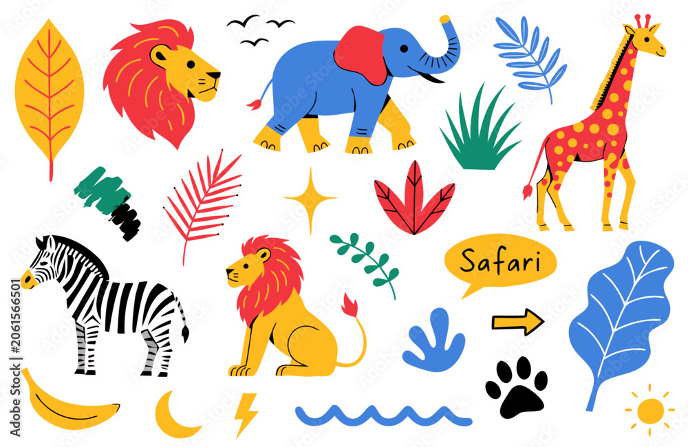 Obraz premium Colorful safari animals and leaves illustration with lion, elephant, giraffe, zebra, and various plants in a vibrant vector graphic design