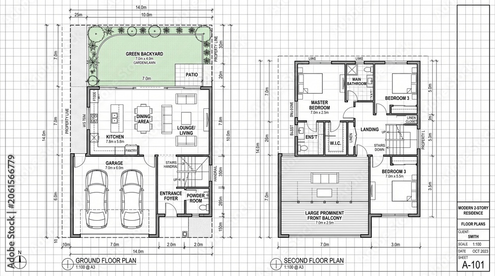 Fototapeta premium Detailed architectural blueprint of a modern 2-story residence. This technical floor plan highlights an open-concept layout, spacious bedrooms, a double garage, and a lush backyard for ideal living.