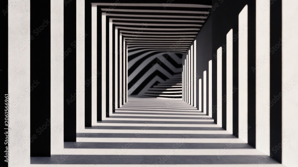 Fototapeta premium Abstract Black and White Striped Tunnel Perspective Illusion.