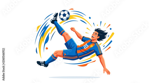 Obraz na plátně Skillful soccer player in dynamic motion, showcasing athleticism and energy in blue and orange uniform