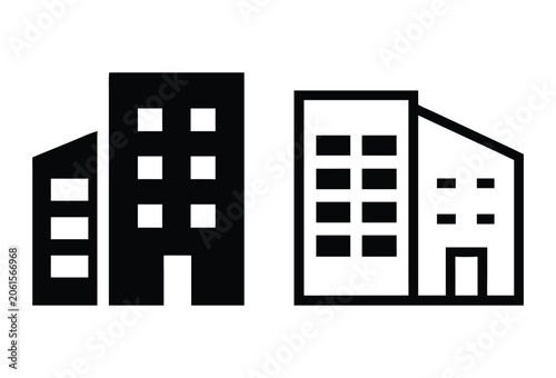 Office building icons in solid and outline styles, .