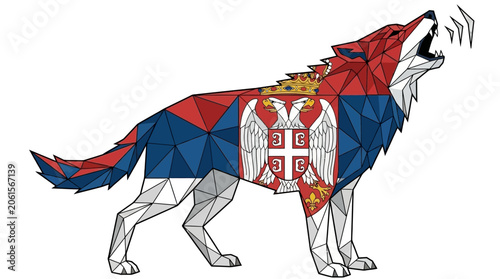 Tablou pe pânză Geometric emblem of serbian wolf in red, blue, and white colors, suitable for national symbols, patriotic designs, and geometric illustrations