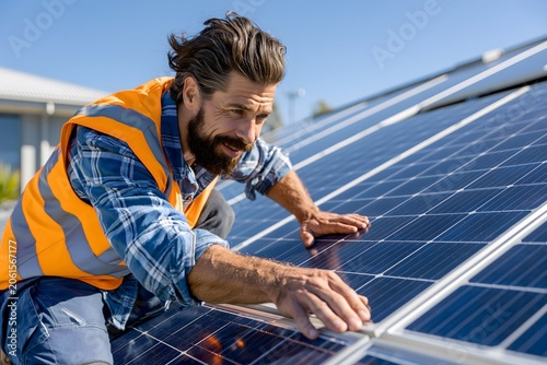 Engineer inspecting solar panels on a house roof, green renewable energy concept
