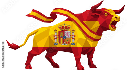 Geometric spanish bull design with red and yellow flag colors representing national pride. Ideal for spanishthemed designs and products.
