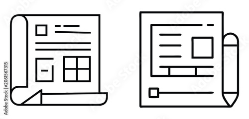 Document and web wireframe layout icons with pencil for design planning,