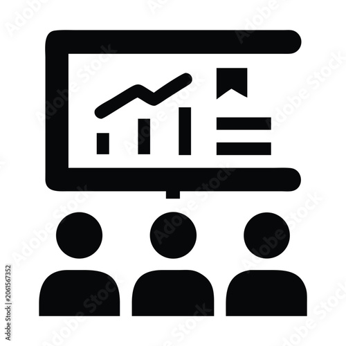 Business presentation screen with charts and audience icon