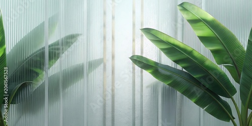 Green palm with reeded glass. White Reeded Glass. Plant leaves. Beautiful tree decor on blurred template. Ribbed Background. Abstract illustration on clean panel for modern beauty design.