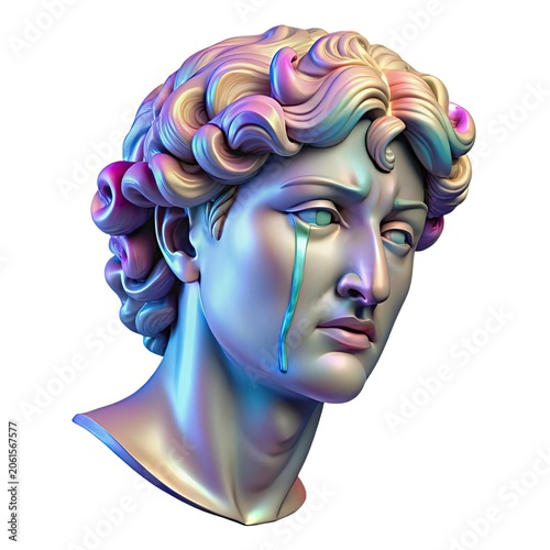 Emotional Depiction of Michelangelo's David With Holographic Tears Reflecting Modern Artistry and Classic Sculpture