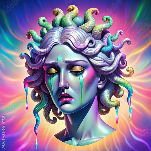 Medusa Gorgon Crying With Holographic Tears Surrounded by Vibrant Colors and Surreal Effects