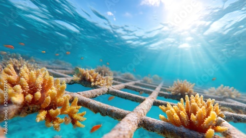 Underwater shot of an electrified metallic lattice structure, faint glowing blue aura around the grid, vibrant and accelerated coral growth covering