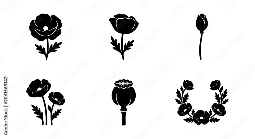 Obraz premium Black Poppy Flower Icons, Floral Elements, Botanical Vector Graphics, Simple Silhouette Designs