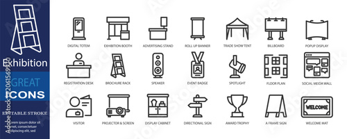 Collection of 21 editable stroke icons designed for exhibition management, trade shows, event platforms, venue navigation, and marketing dashboards. Includes booths, displays, registration, signage