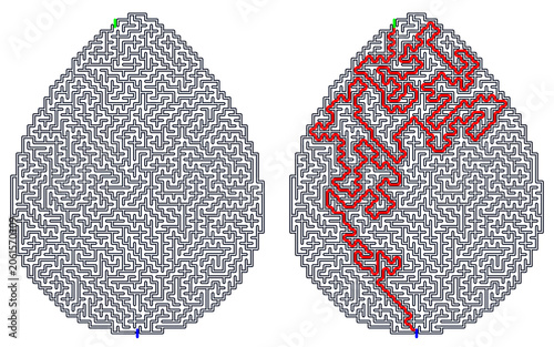 Logic game with labyrints,Maze game,Maze Puzzle foor kids,Labyrinth With Entry And Exit,Maze For Activiity Book,Puzzle Labyrinth, Egg-shaped maze with path highlighted in red on white background  