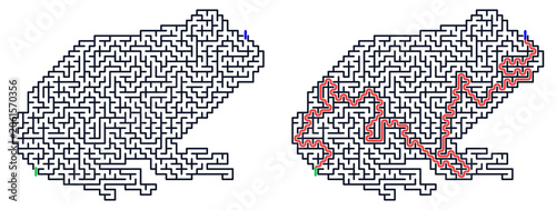 Logic game with labyrints,Maze game,Maze Puzzle foor kids,Labyrinth With Entry And Exit,Maze For Activiity Book,Puzzle Labyrinth, Frog maze illustration with path highlighted for solution  