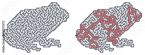 Logic game with labyrints,Maze game,Maze Puzzle foor kids,Labyrinth With Entry And Exit,Maze For Activiity Book,Puzzle Labyrinth,Maze with solution. Maze design of a frog in black and red outlines  