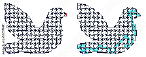 Logic game with labyrints,Maze game,Maze Puzzle foor kids,Labyrinth With Entry And Exit,Maze For Activiity Book,Puzzle Labyrinth, Maze shaped like a bird with outlined pathway in blue  