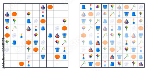 Children sudoku puzzle with summer icons easy