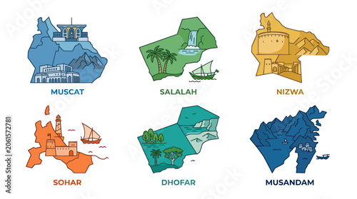 Oman Regions Map Illustrations: Muscat, Salalah, Nizwa, Sohar, Dhofar, Musandam