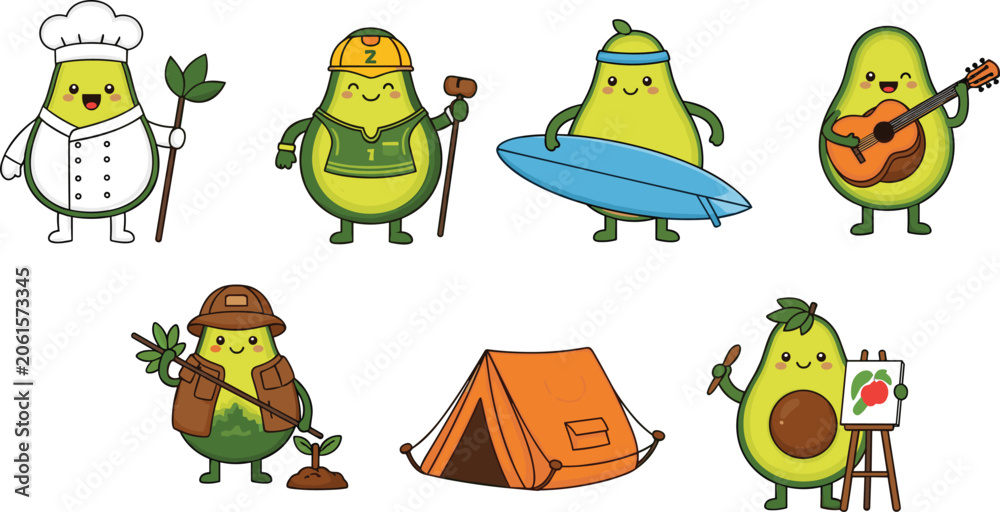 Fototapeta premium Cute Avocado Character Collection with Chef Explorer Surfer Musician and ArtistCute Avocado Character Collection with Chef Explorer Surfer Musician and Artist