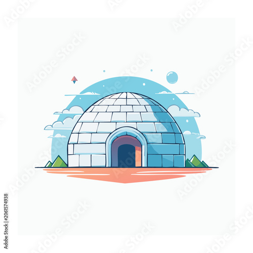 Cartoon blue house with orange roof and kite