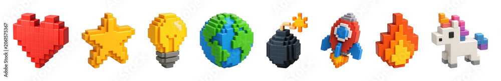 Fototapeta premium PNG Colorful pixelated 3D icons on transparent background