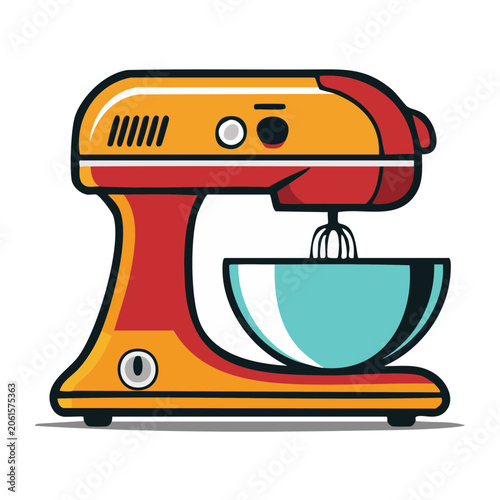 Flat design illustration of a stand mixer with bowl and whisk